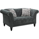 Elements International Twain Loveseat with Gray Scroll Pillows IMAGE 1