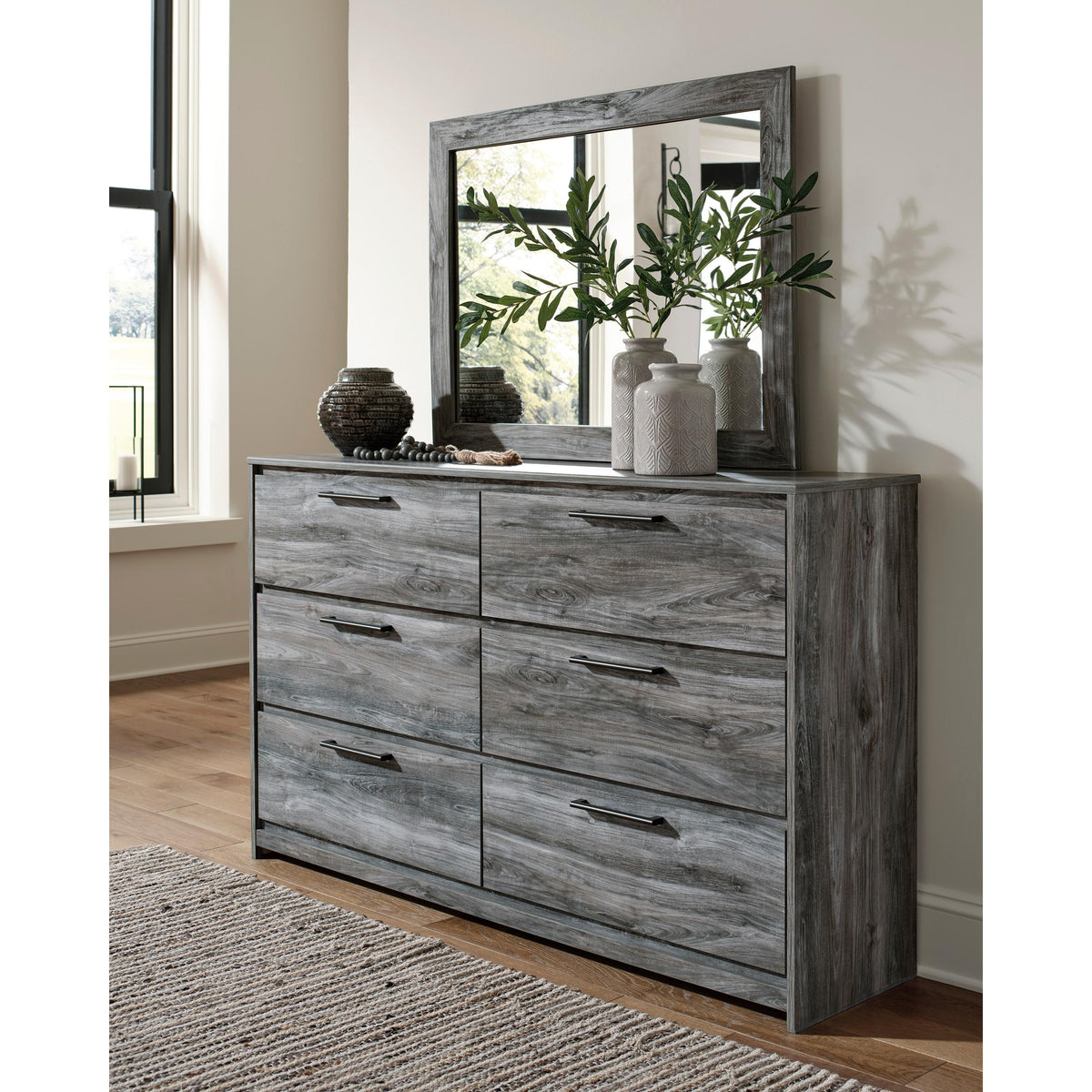 Ashley Furniture Baystorm Gray King Panel Storage Bedroom Set with Mirrored Dresser and Nightstand (Online Special Price)